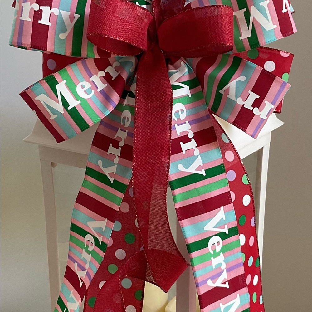 Festive Red and Green Very Merry Ribbon Bow